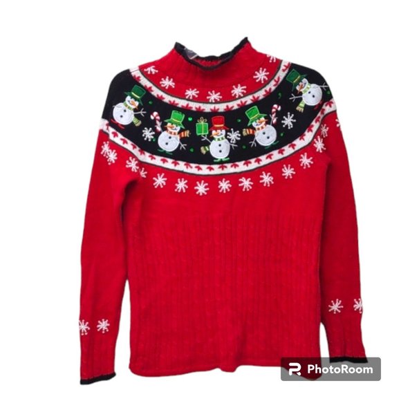 dressbarn Sweaters - Dressbarn LS Red Cable Knit Mockneck Snowmen Snowflakes Embellished Sweater